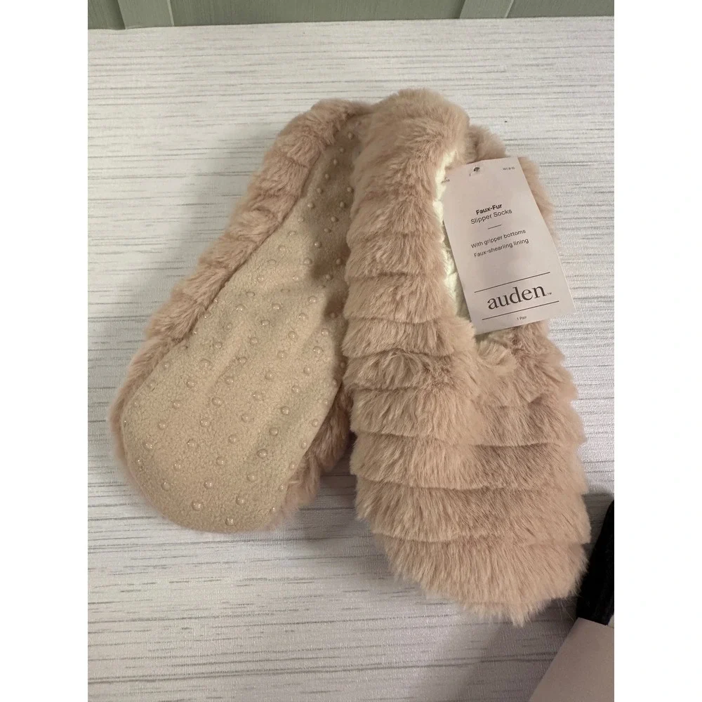 Auden Faux Fur Slipper Socks Pink and 4-Pack Ribbed Knit Crew Socks Grey Black